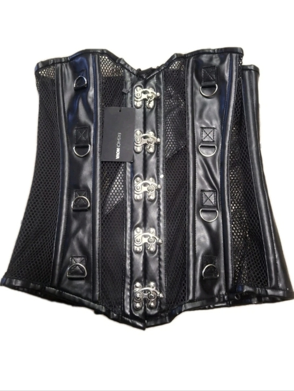 Fashion Nova Black Mesh Faux Leather Corset Top XL Hook Front Lace Up NWT